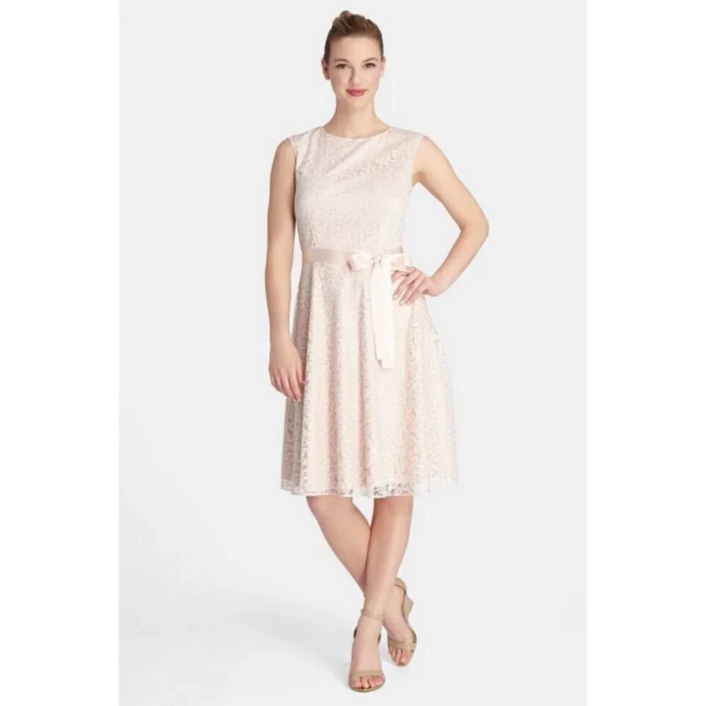💕TAHARI by ASL💕 Glitter Lace Trim Metallic Ribbon Belted Dress Light Pink 18W - Picture 5 of 14